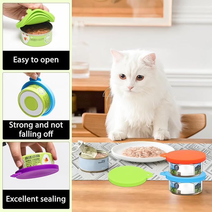 PINE & LINEN 4 Pcs Durable Pet Can Lids,One fit 3 Standard Size Silicone Waterproof Cat Food Cans Lids for 3oz/5.5oz/12.5oz/13.2oz Cat Food Cans（Sky Blue+Orange+Purple+Green）