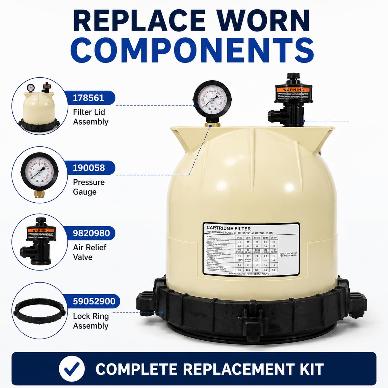 LOTMOVE Pool Filter Lid Assembly Kit Compatible with Pentair Clean & Clear CC75 CC150 CC200 Filters, Includes 178561 Lid, 190058 Pressure Gauge, 9820980 Air Relief Valve & 59052900 Lock Ring