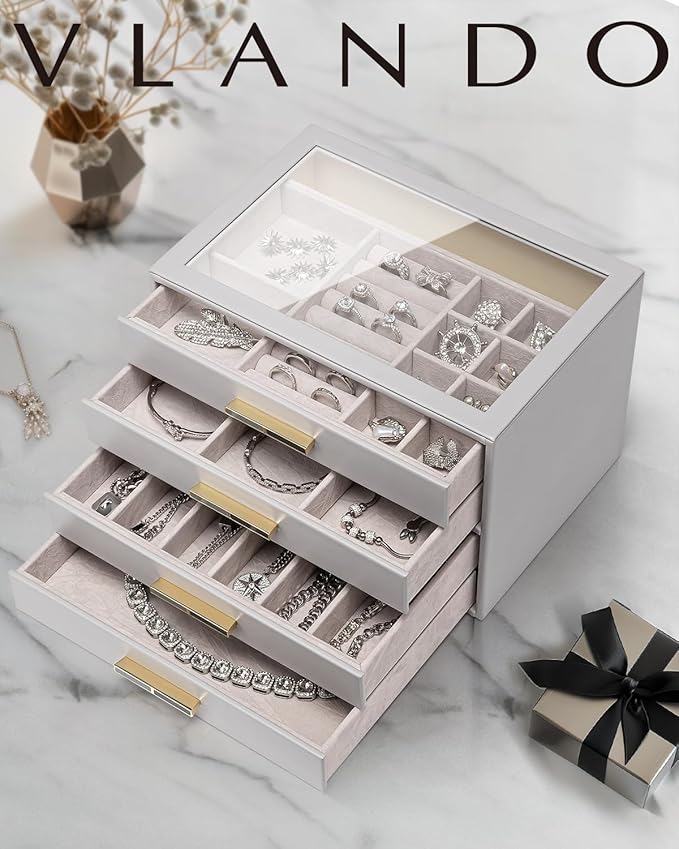 Vlando 4 Layer Jewelry Box for Women, Glass Lid Jewelry Organizer with 4 Drawers for Necklaces Rings Earrings Bracelets - Grey