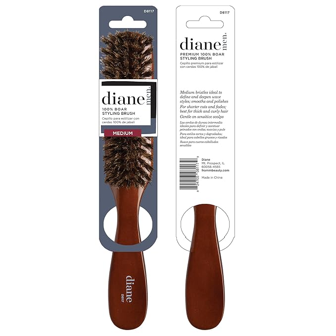 Diane Premium 100% Boar Bristle Styling Brush for Men and Barbers – Medium Bristles for Thick Coarse Hair – Use for Detangling, Smoothing, Wave Styles, Soft on Scalp, Restore Shine and Texture