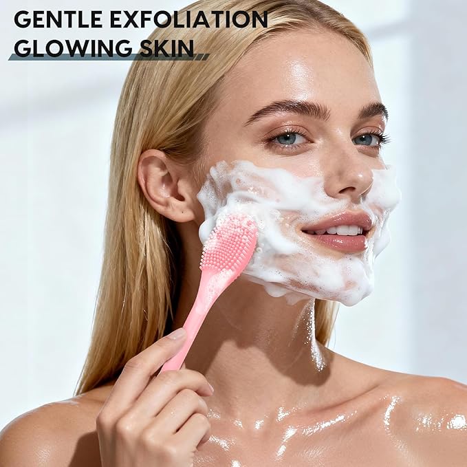 Silicone Facial Cleansing Brush - 2PC Double Ended Exfoliator for Deep Pore Cleaning, Blackhead Removal & Makeup Application - Soft, Hygienic & Waterproof Face Scrubber MassagerÃ¯Â¼ÂPink + BlueÃ¯Â¼Â
