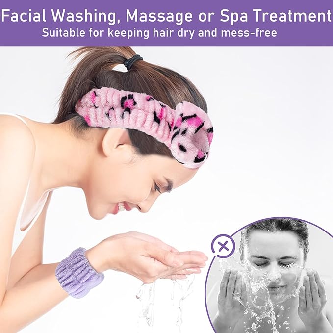 Facial Cleansing Brush 2 in 1, Silicone Face Scrubber Dual Face Brush for Deep Pore Cleansing and Exfoliating, Skincare Headband and Wristbands Set for Washing Face Massaging Spa Makeup,Purple