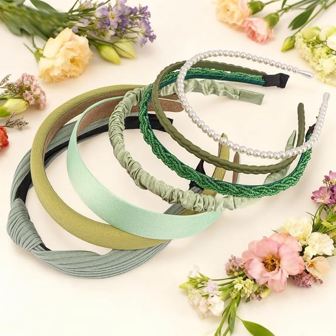 AHONEY 7 Pack Green Headbands for Women Headbands Trendy Non Slip Hairbands Cute Hair Accessories Multi-style Headband Pack
