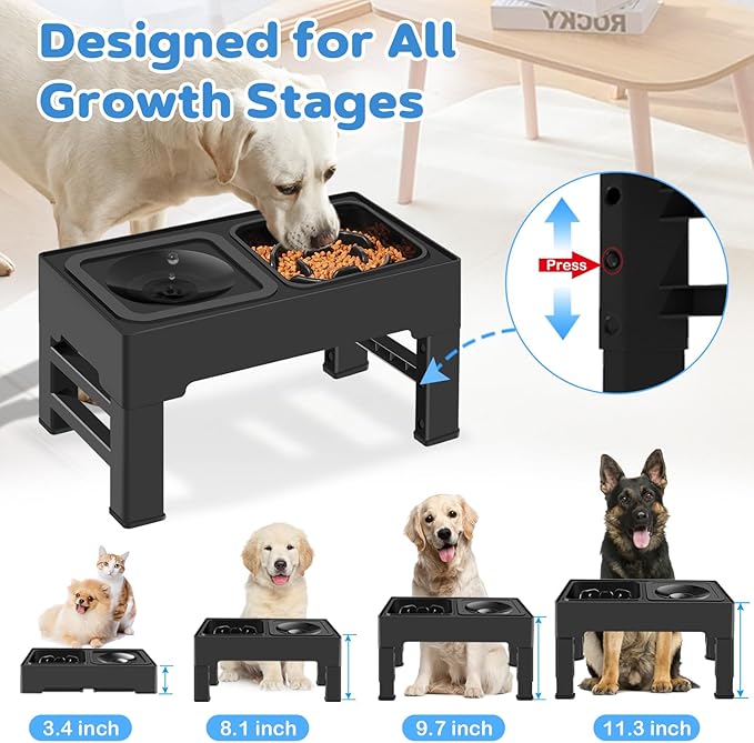 2-in-1 Elevated Slow Feeder Dog Bowls, 4 Height Adjustable Raised Dog Bowls Stand with No Spill Water Bowl, Non-Skid Pet Food Feeding Set for Small, Medium, Large Dogs Cats