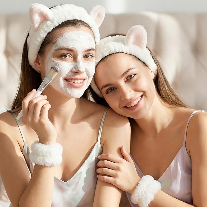 Headbands for Women, Elastic Spa Headband with 2pcs Wristband Set, Cute Plush Cat Ears Puffy Head Band Makeup Hair Band for Washing Face Skincare Yoga Facial Mask(White)