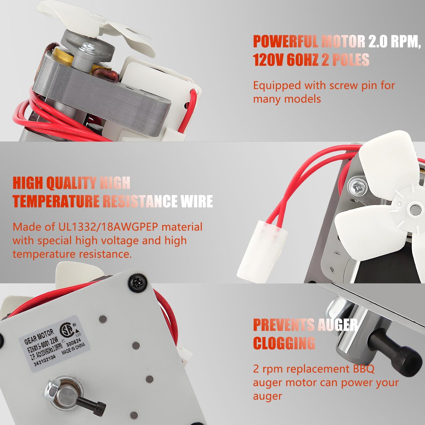 2.0 RPM Auger Motor Replacement Parts, Compatible with Traeger, Pit Boss, and Camp Chef, Wood Pellet Grill Smokers, Universal Barbecue Auger Motor Replacement 120V 60Hz 2 Pole
