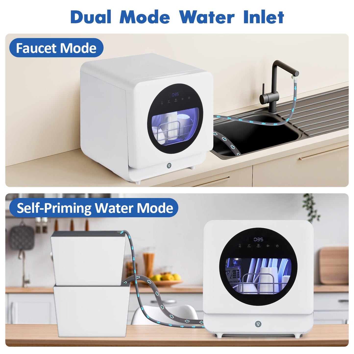 Smart Compact Dishwasher with 6 Wash Cycles & Dual Fill Technology, Countertop Portable for Modern Apartments, Dorms, and Boats – No Installation, Space-Saving Design with Self-Priming Mode