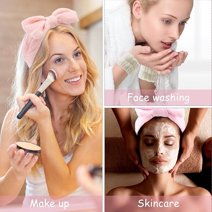 12PCS Microfiber Makeup Headbands and Wristbands Set for Women & Girls - Soft Elastic Bow Headbands with Highly Absorbent Wristbands for Face Washing, Shower, Skincare & Gifts