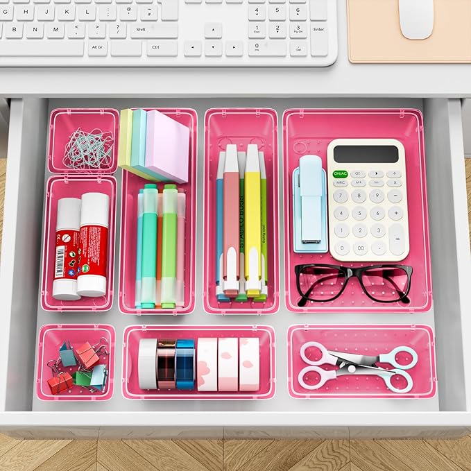 12 PCS Drawer Organizer Set, 4 Sizes Tool Storage Trays, Clear Plastic Makeup Vanity Organizer and Storage Bins for Stationeries, Multiple Gadgets for Office, Bedroom, Pink