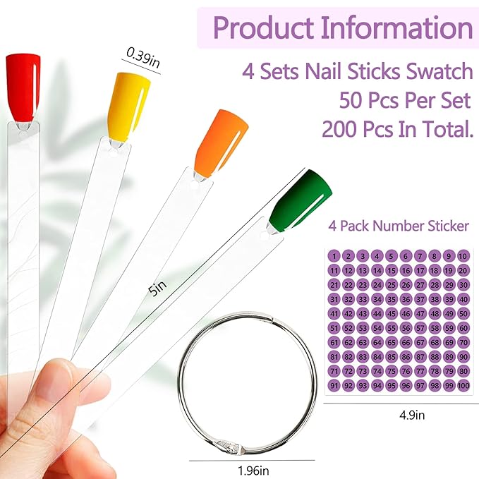 BQAN 200 Pcs Nail Swatch Sticks with Ring Ã¢ÂÂ Nail Supplies, Stuff, Tools & Accessories for Color Display and Practice, Includes 4 Pack Number Stickers, Nails Thing for Home & Salon Manicure