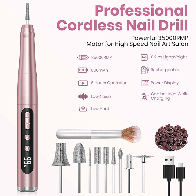 Cordless Nail Drill 35000RPM, Portable Electric Nail File for Acrylic Gel Nails, Professional Manicure Pedicure Kit, Rechargeable Pedicure Tools for feet with LCD Display, Low Noise Low Vibration