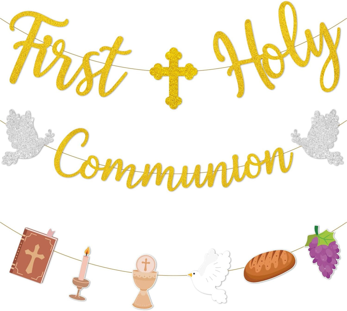 Pre-Strung 9.8 Ft First Holy Communion Glitter Gold Banner, Christian Religious Banner Baptism Decorations for Kids Boy Girl Baby Shower Party Supplies