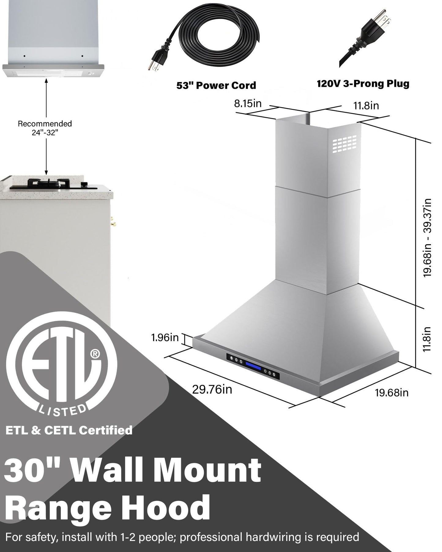 FlyPine 36 inch Stainless Steel Wall Mount Range Hood - 900 CFM, Ultra-Quiet 4-Speed Vent, Touch/Remote Control LCD, LED Lights, Ducted/Ductless Convertible