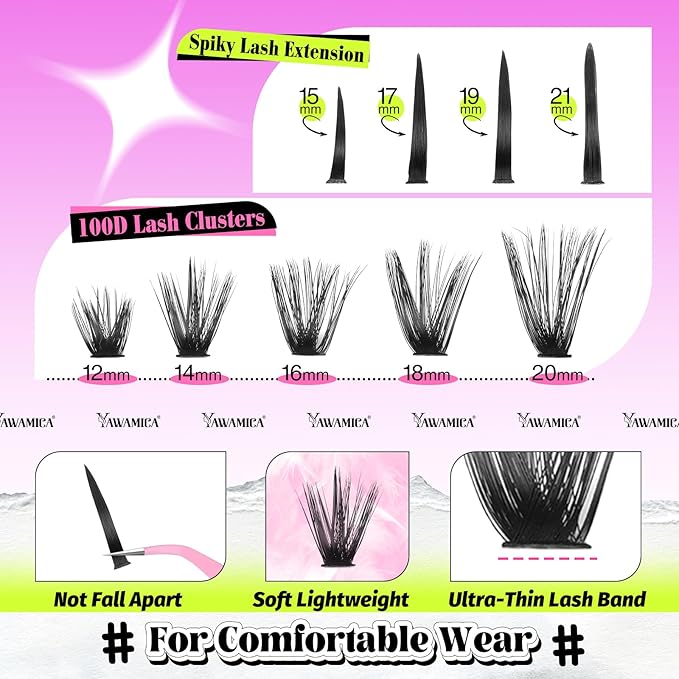 Yawamica 100D Volume Lash Clusters 12-20mm with 15-21mm Spike Individual Lashes DIY Manga Lashes Clusters D Curly Wispy Eyelash Clusters Fairy Cluster Eyelash Extensions 280pcs (Black)