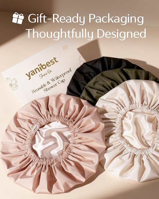 Yanibest Satin Lined Shower Cap for Women Reusable Waterproof, Frizz Free & Large Bath Cap with Soft Elastic Band, Luxury Hair Protection Caps (Beige)