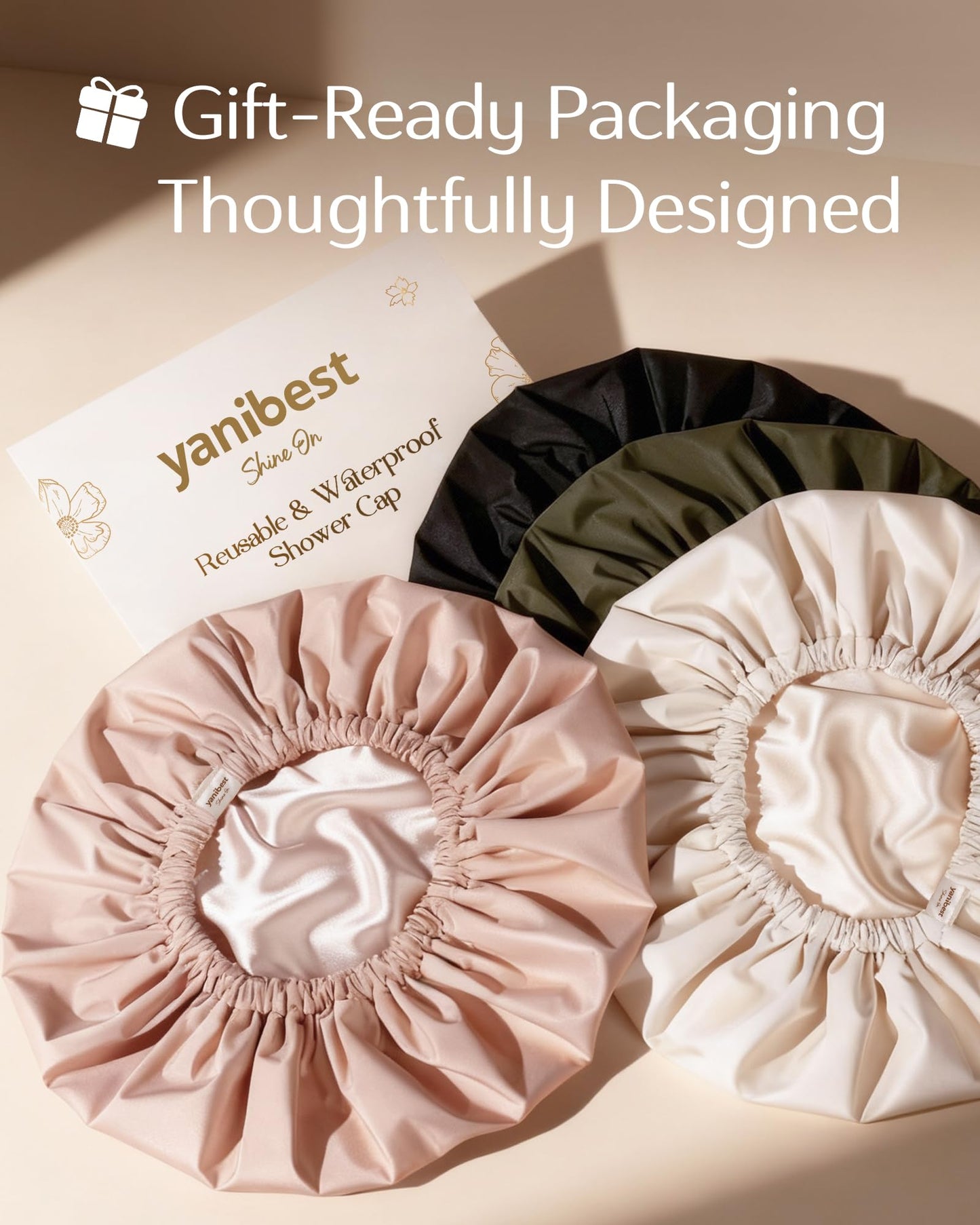 Yanibest Satin Lined Shower Cap for Women Reusable Waterproof, Frizz Free & Large Bath Cap with Soft Elastic Band, Luxury Hair Protection Caps (Black)