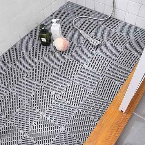 SOUJOY 12 Pieces Modular Interlocking Cushion, 11.6" x 11.6" Rubber Floor Tiles with Holes, Non-Slip Splicing Drainage Mat for Pool Shower Bathroom Kitchen Patio Balcony Yard Pet Area