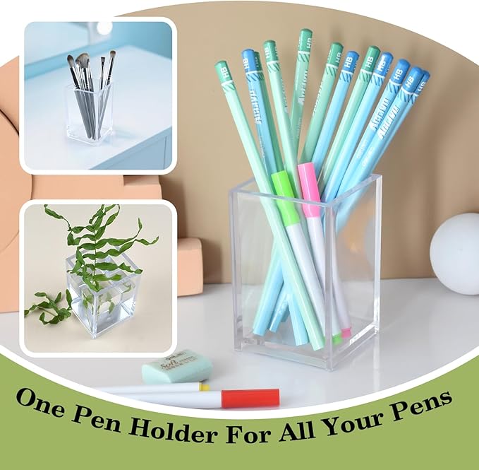 20 Pack Clear Acrylic Pen Holder for Desk, Pencil Cup Makeup Brush Organizer, Square Acrylic Pencil Holders for Office School Home Supplies, Desktop Stationery Organizer for Pens Markers Brushes