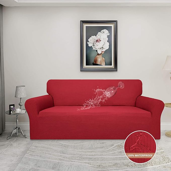 Easy-Going 100% Waterproof Couch Cover, Dual Waterproof Sofa Cover, Stretch Jacquard Sofa Slipcover, Leakproof Furniture Protector for Kids, Pets, Dog and Cat (Oversized Sofa, Christmas Red)