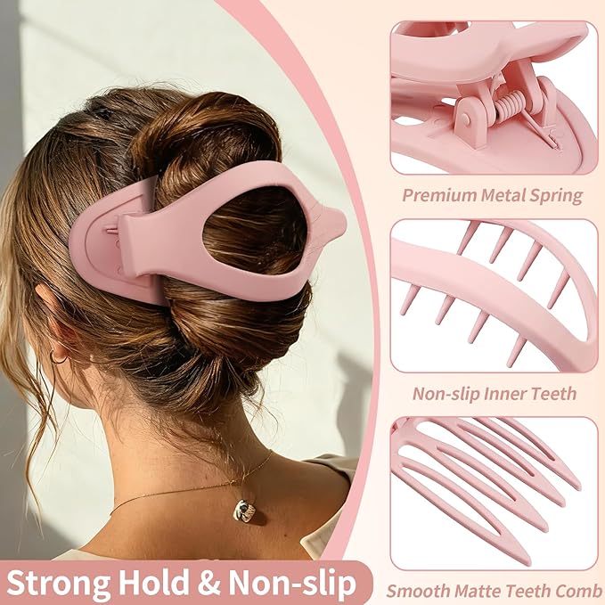 5.5 Inches Extra Large Flat Hair Clips for Women, 4 Pack XL Big Claw Clips for Thick Hair, Oversized Matte Strong Hold Non-slip Flat Claws, Pink