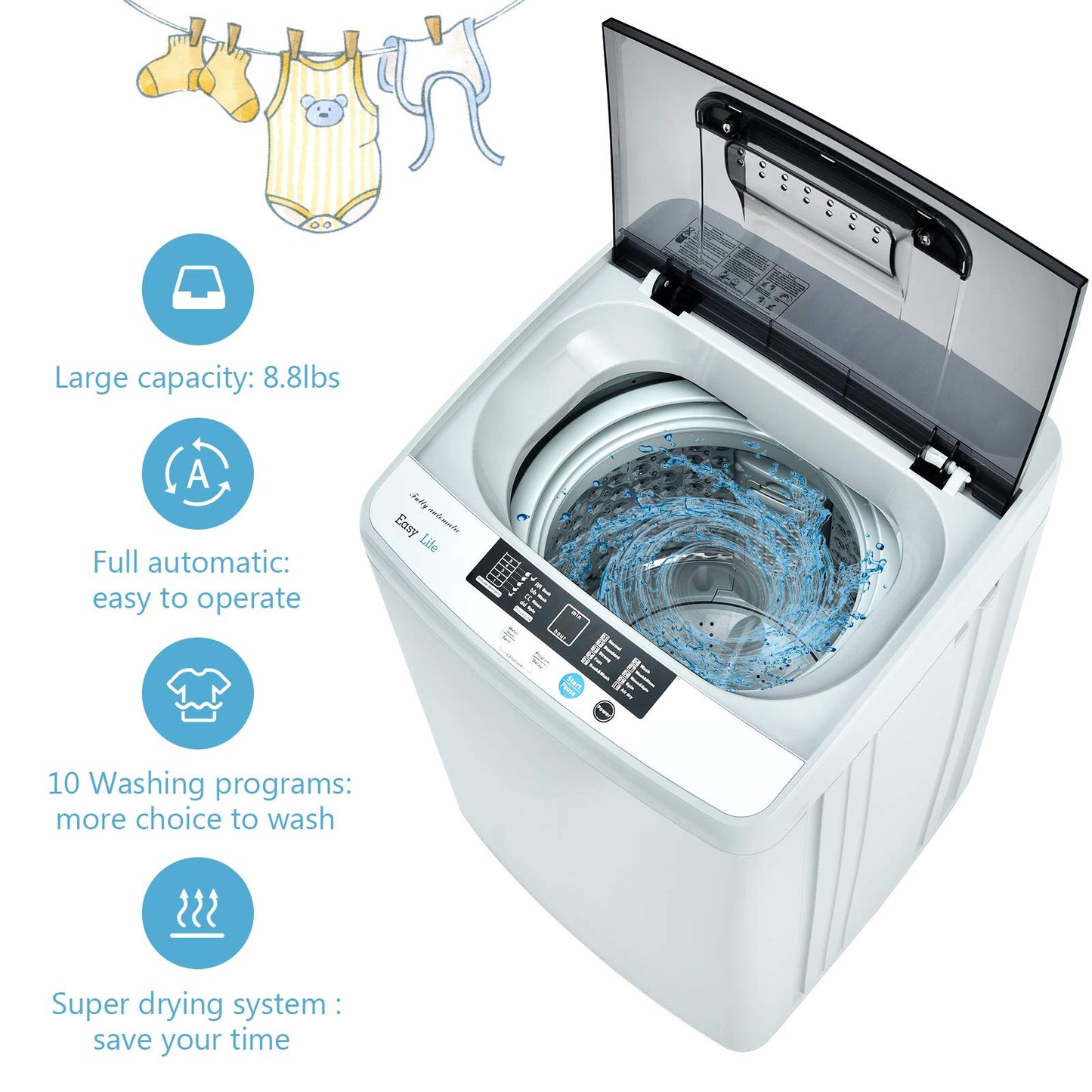 COSTWAY Portable Washing Machine, 2-in-1 Laundry Washer and Spin Combo with 10 Programs, 8.8lbs Capacity, Drain Pump and LED Display, Full Automatic Washer for Apartment, RVs, Dorm, Grey