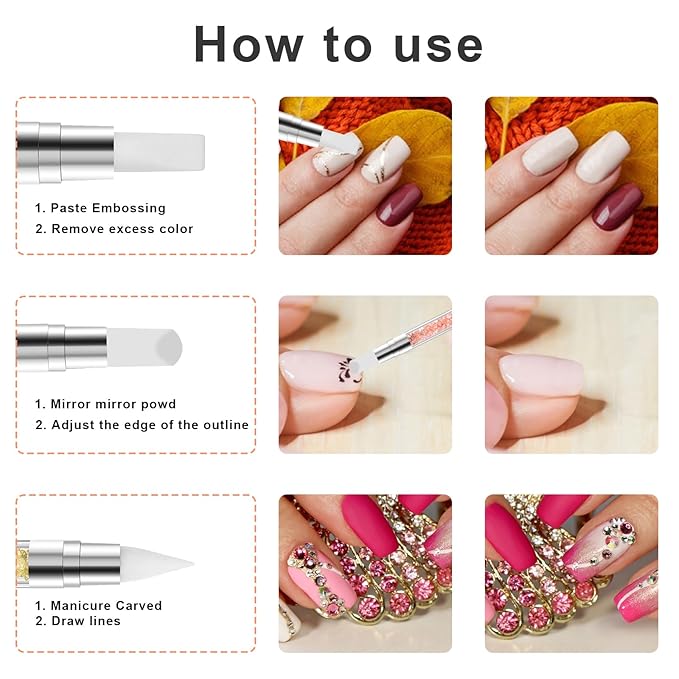 5 Pcs Nail Art Sculpture Pen Dual Tipped Silicone Nail Tools Nail Art Acrylic Pen Silicone Brushes for Resin Nail Art Tools for Design Nail Foil Carving Drawing Shaping Drawing Effect