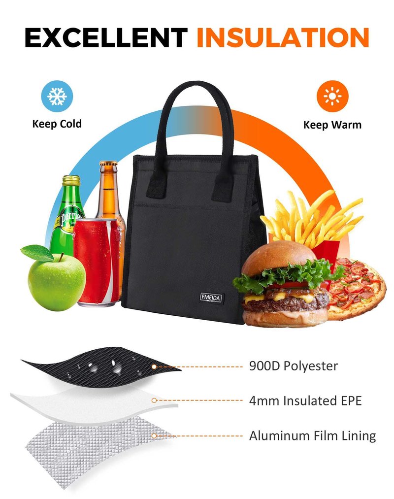 Fmeida 6.75L Small Insulated Lunch Bag Women Men, Lunch Bags with Multiple Pockets, Reusable Thermal Cooler Tote for Work, Office, Picnic, Travel | Hook and Loop Closure, Black