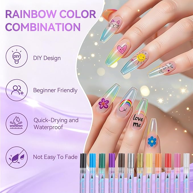 12 Colors Nail Art Pens Set, 2026 New Nail Art Markers for Gel Nails, DIY Nail Art Pens for Painting Nails, Quick-drying Nail for DIY Nails Art Design Manicure Tools TA640-12