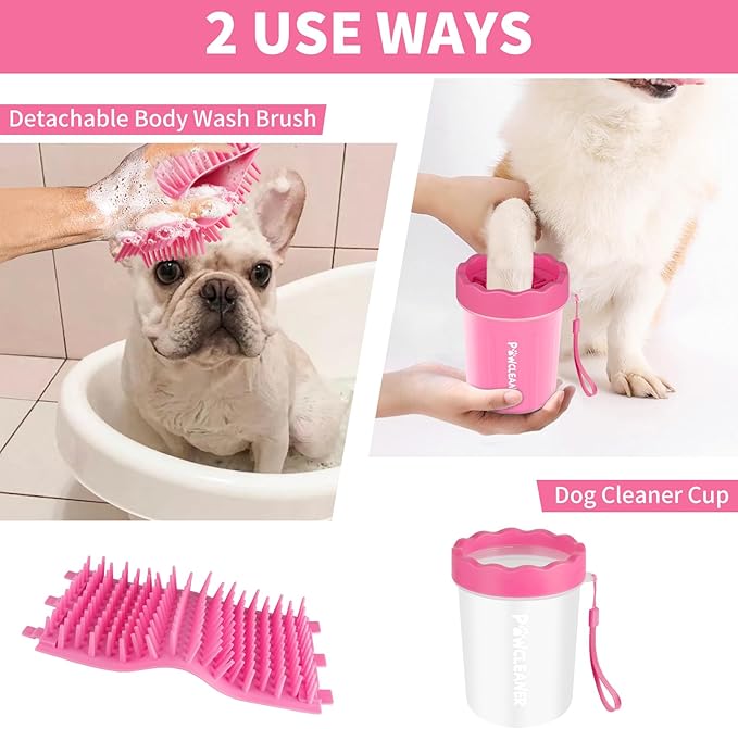 Professional 7 in 1 Dog Paw Cleaner for Dogs & Cats - Includes 1 Portable Paw Washer, 1 Bath Brush, 2 Dog Toothbrushes and 3 Absorbent Towels Note: Fits Paws up to 2 Inches Wide (Small, Pink)