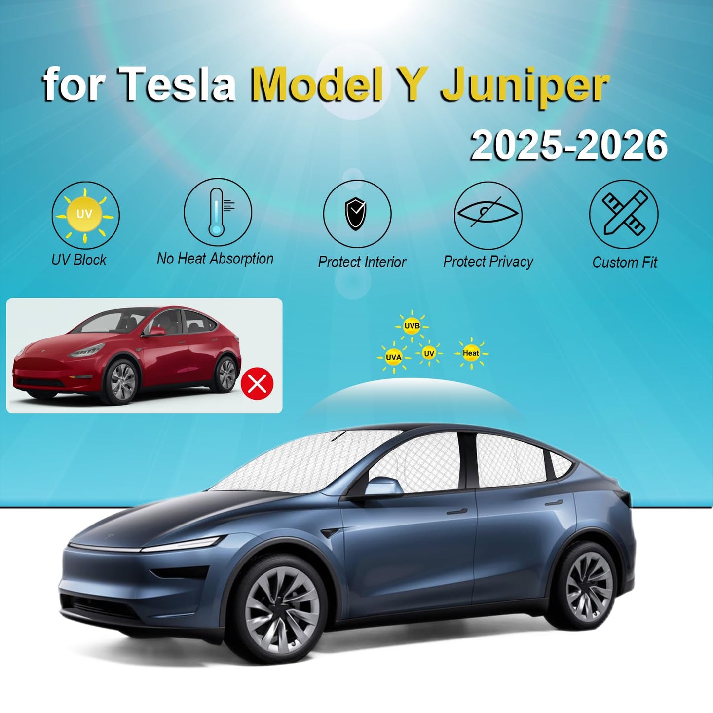 KMF 8pcs Full Thicken Sun Shades for 2025 2026 Tesla Model Y Juniper Accessories, Tesla Y Privacy Car Window Covers for Windshield Side Rear, UV Block and Blackout for Camping Outdoor