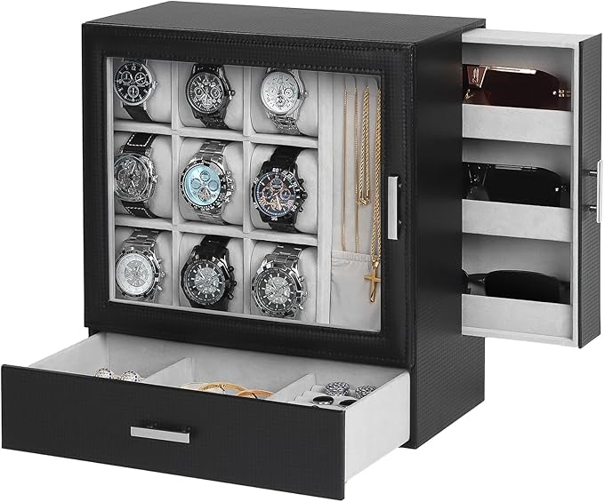 9-Slot Watch Display Case with Necklace Display, High End Men Jewelry Box w/ Drawer, Standing Watch Box for Men w/ Clear Lid, Watch Case for Sunglasses, Vertical Storage, Space Saving, Ideal Gift