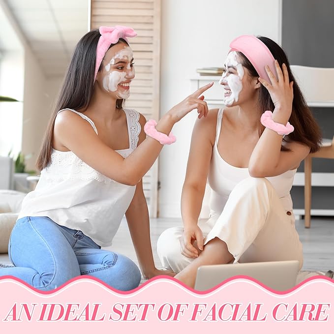 16 Pcs Skin Care Headband Set 2 Spa Headband 1 Plush Sleep Eye Mask 4 Skin Care Wristbands 5 Velvet Scrunchies 1 Claw Clip 2 Bangs Clip 1 Cosmetic Bag for Valentine Galentine Spa Gift(Pink)