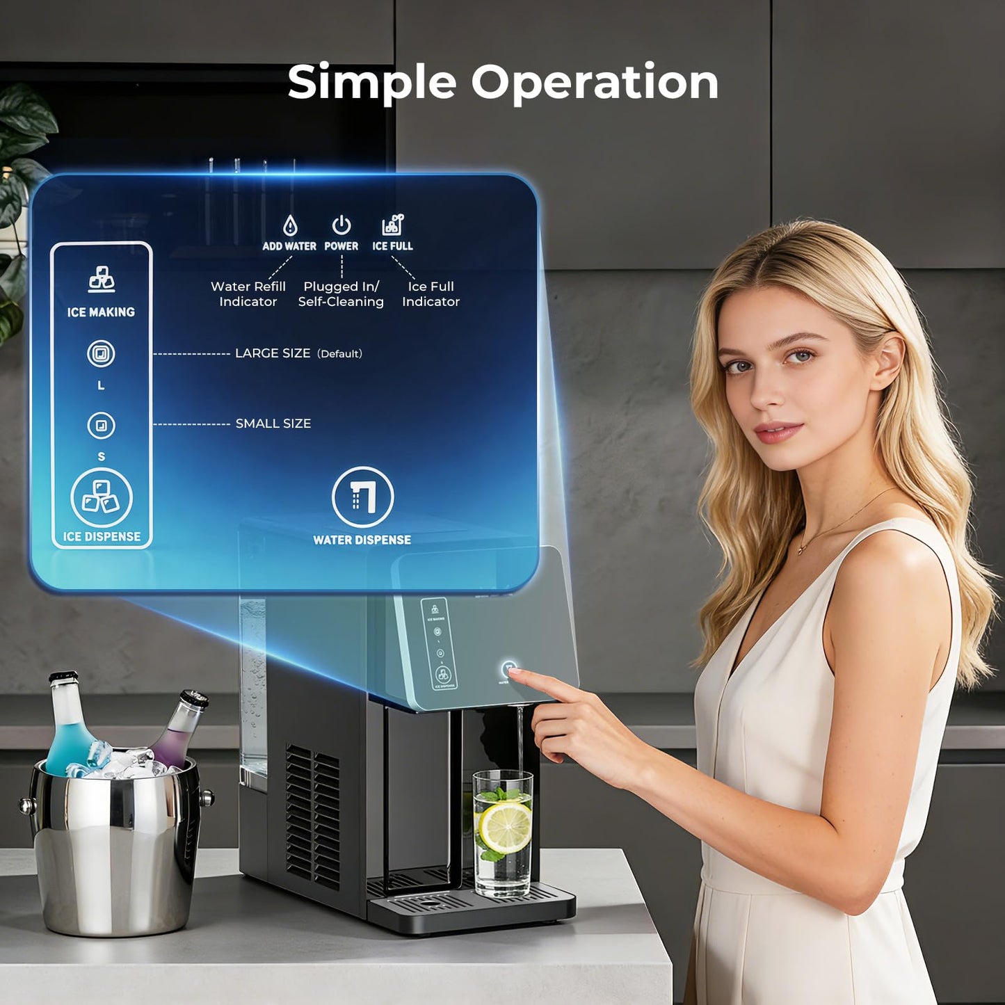 Antarctic Star Countertop Ice Maker & Cold Water Dispenser, 3.3L Removable Water Tank, 9 Bullet Ice Cubes per 8 Mins, 26lbs/24H, 2 Ice Size Options, Ideal for Home/Office/Dorm
