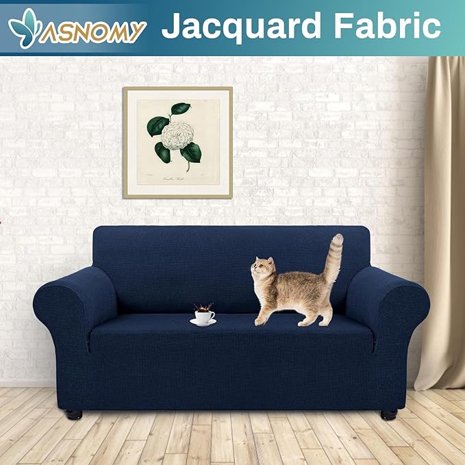 Asnomy Sofa Covers for 2 Cushion Couch Stretch loveseat Covers Slipcovers, Pet Protector Furniture Covers for Dogs Cats Spandex Jacquard Fabric Small Checks （Medium， Navy Blue）