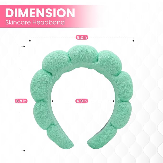 Spa Headbands for Washing Face, Makeup and Skincare. 4 Pc Set of Skin Care Head band with Wristbands. Puffy Terry Cloth, Non Slip Get Ready Hairband for Women, Teens, Girls. Cute Hair Accessories.