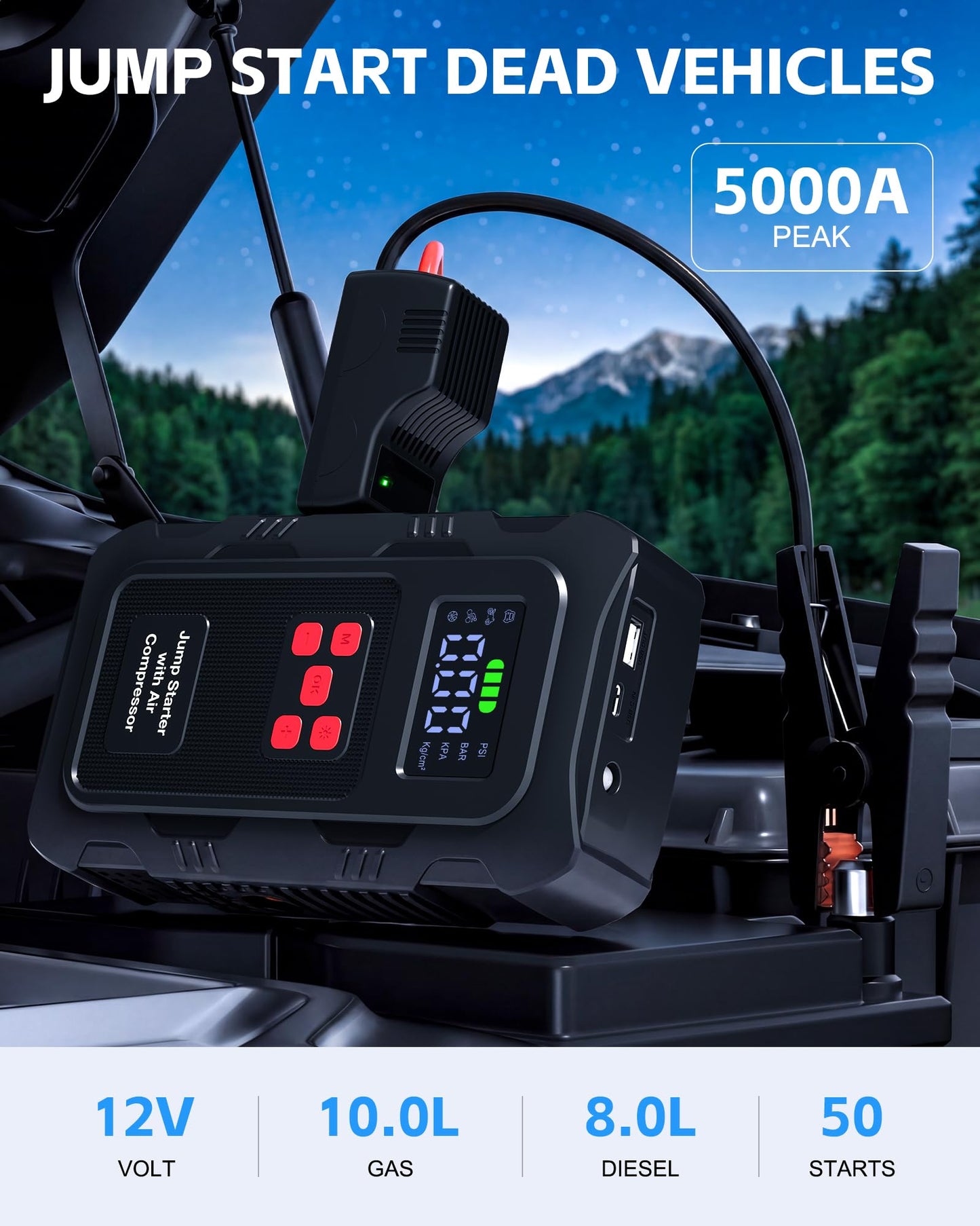 HPBS 5000A Jump Starter with Air Compressor, Portable Car Battery Jump Starter with 150 PSI Tire Inflator for Up to 10.0L Gas and 8.0L Diesel Engines, 12V Jump Box Battery Charger Booster(Red)