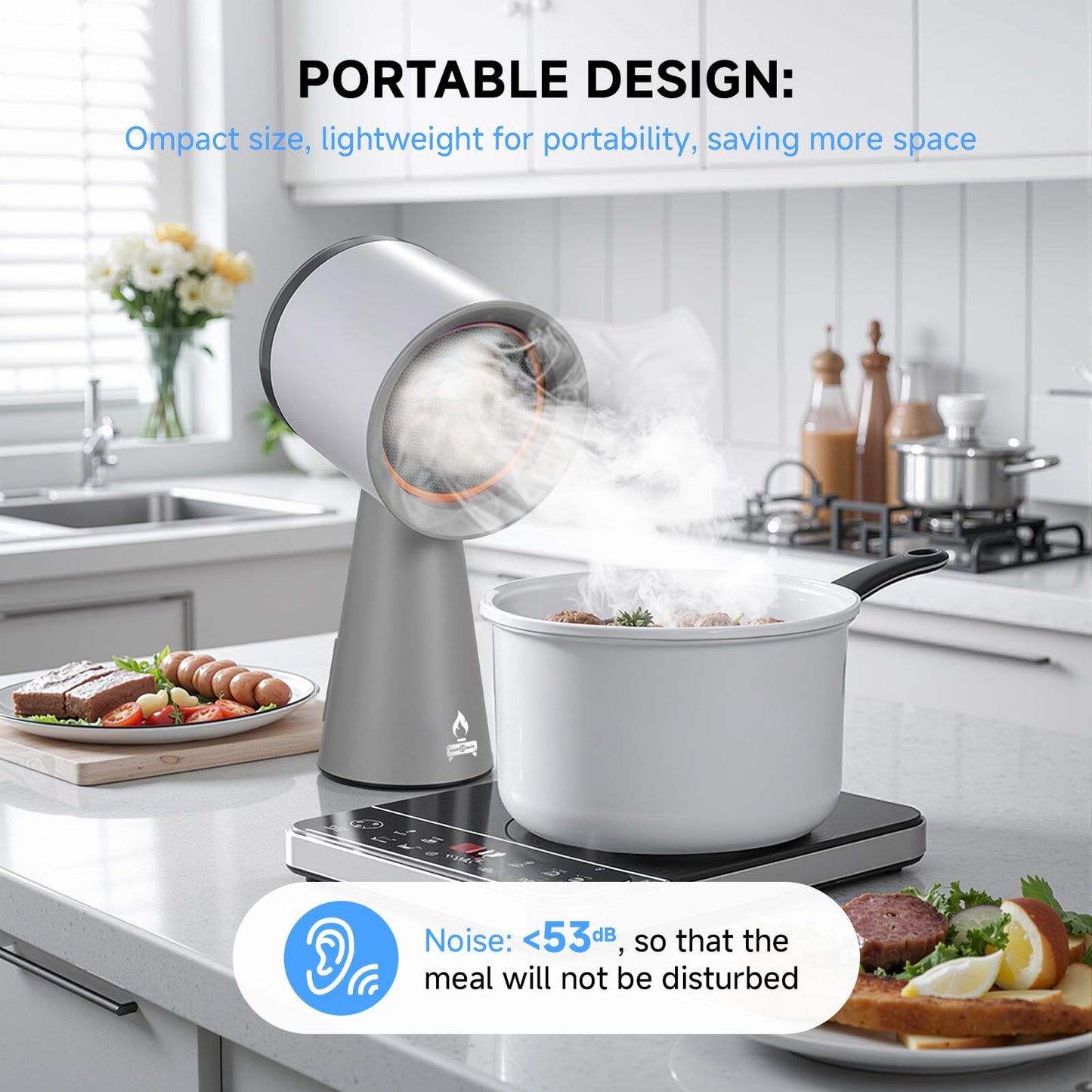 AMZRVSTUDIO Portable Range Hood 3-Speed Suction Desktop Compact Range Hood with 3 Activated Carbon High-Absorption Cotton Replace Filter Low Noise Kitchen Exhaust Fan (grey)