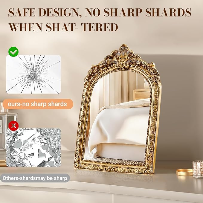 YUSONG Vintage Makeup Desk Mirror - 7" Gold Antique Mirror for Tabletop Resin Frame Decorative Wall Art for Living Room, Bedroom Decor, Vanity Table