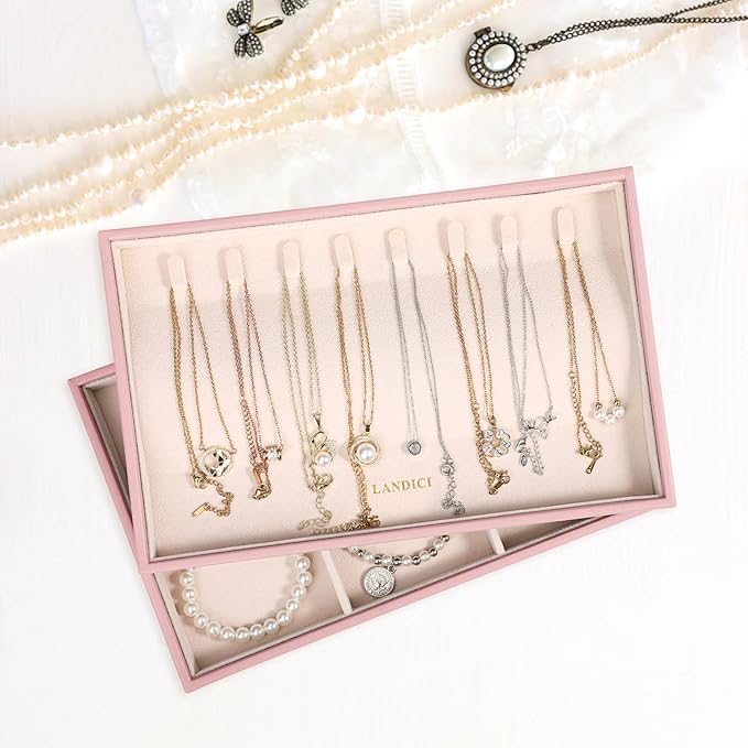 LANDICI Stackable Jewelry Organizer Trays 4 Set,PU Leather Jewelry Organizer Drawer,Jewelry Storage Display Tray for Earring Necklace Rings Bracelet with Removable Dividers,Rose Gold
