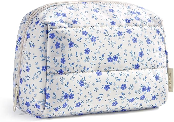 BAGSMART Makeup Bag, Wide Opening Cosmetic Bag Compact & Spacious, Water-Resistant Travel Organizer Pouches for Women (Blue Ditsy Floral)