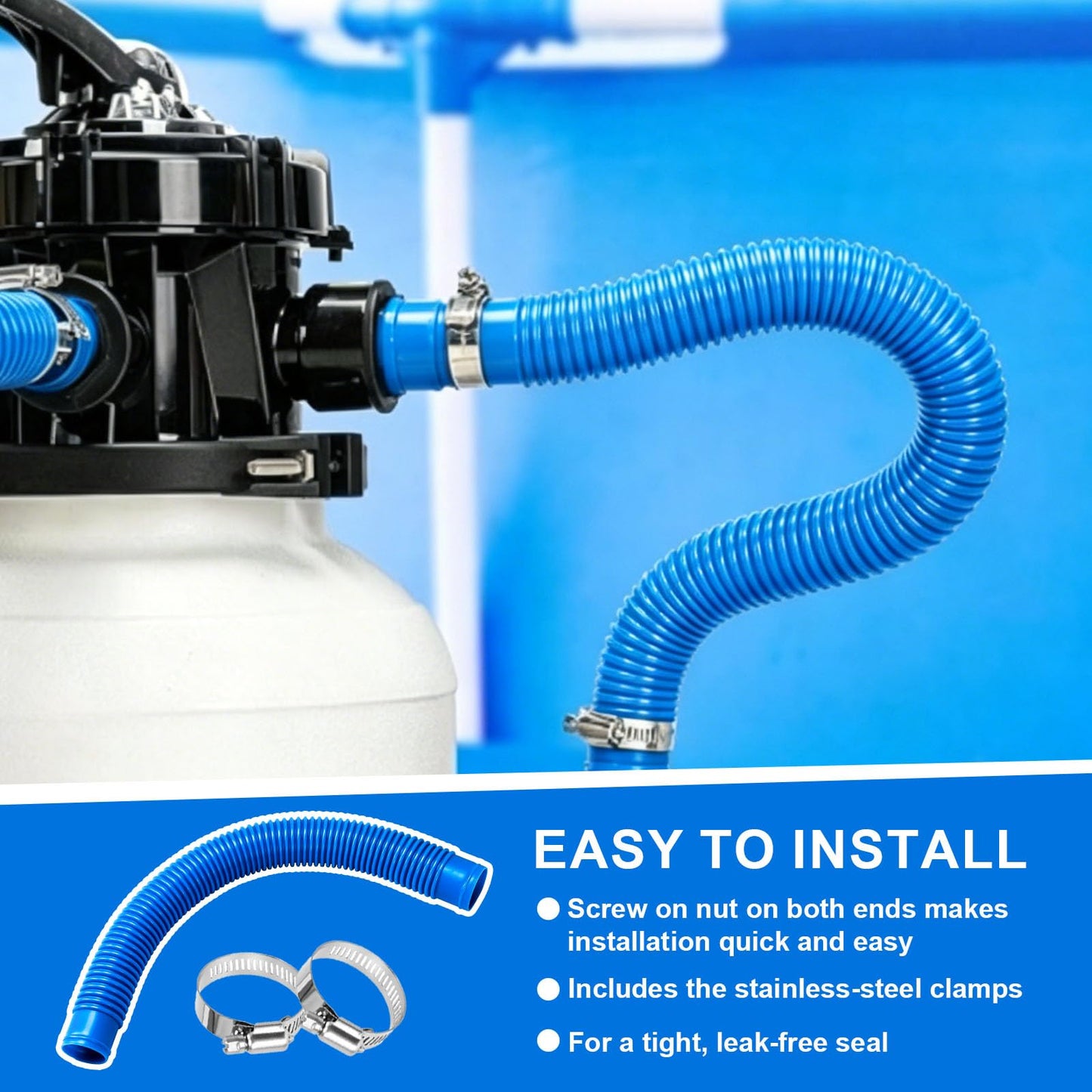 Pool Sand Filter Pump Hose, 1.25" Diameter Pool Filter Hose Replacement for Above Ground Pools, 16 Inch Pool Pump Hoses Compatible with Pump Sand Filter and Saltwater Systems(2 Pack, Blue)
