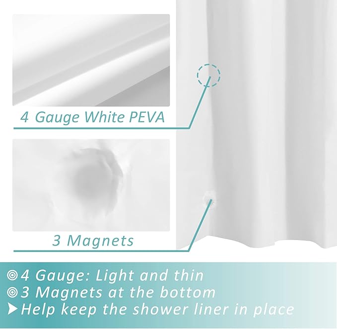 Mrs Awesome Extra Long Shower Curtain Liner with 3 Magnets, Long White PEVA Plastic Shower Curtain for Bathroom Waterproof, 72 x 84, White