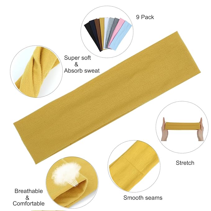 9Pcs Headbands for women Non Slip Headband, Soft Elastic Hair Bands for Women's Hair, Fashion Cotton Cloth Stretchy Sweat Bands Headbands for Sports, Makeup, Gym, Running, Yoga, Workout (9Colors-A)