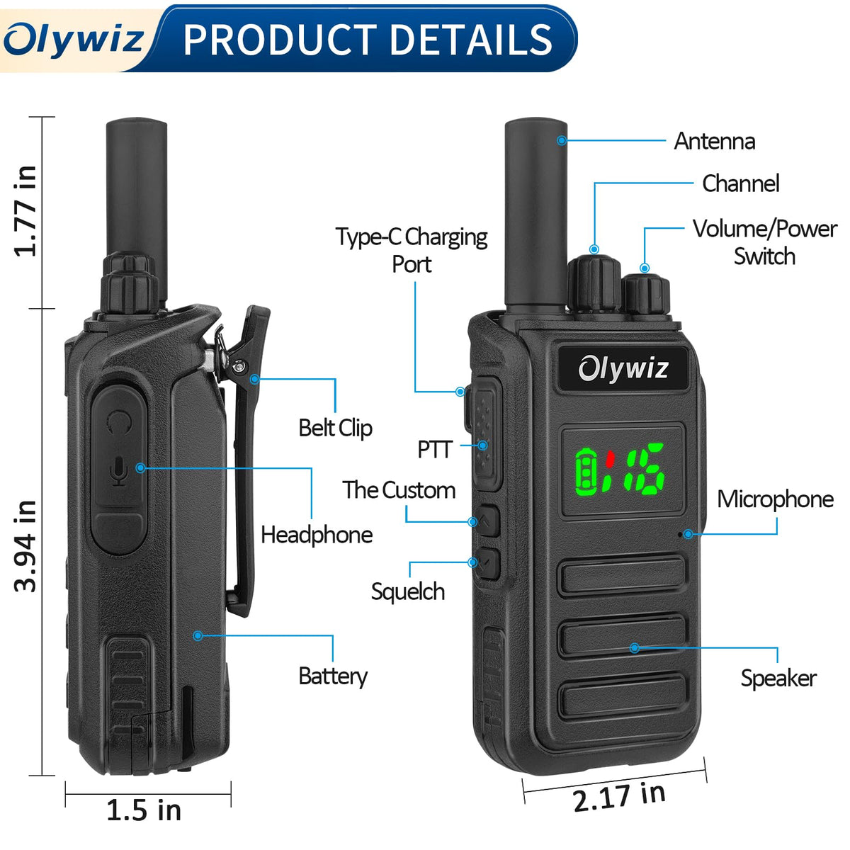 Olywiz Adult Walkie Talkies Long Range - 2 Watt Walkie Talkies Rechargeable - 6 Pack 16 Channel Two Way Radio with 2500 mAh Li-on Battery VOX GMRS USB-C for Business Commercial Work School