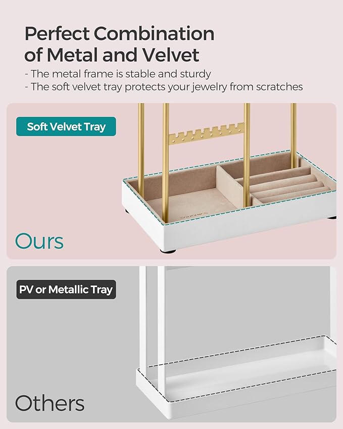 SONGMICS Jewelry Holder, Jewelry Organizer, Jewelry Display Stand with Metal Frame, Velvet Tray, Necklace Earring Bracelet Holder, for Studs, Rings, Gift Idea, Pale Gold UJJS021A01