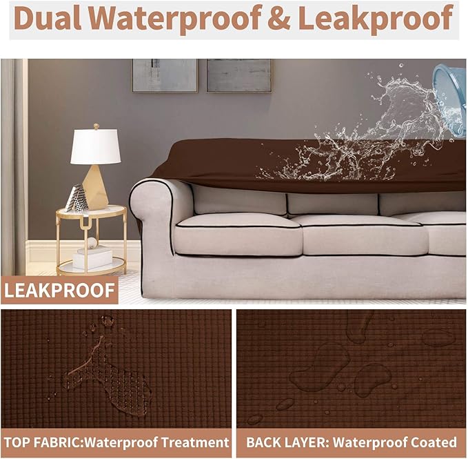Easy-Going 100% Waterproof Couch Cover, Dual Waterproof Sofa Cover, Stretch Jacquard Sofa Slipcover, Leakproof Furniture Protector for Kids, Pets, Dog and Cat (Oversized Sofa, Coffee)