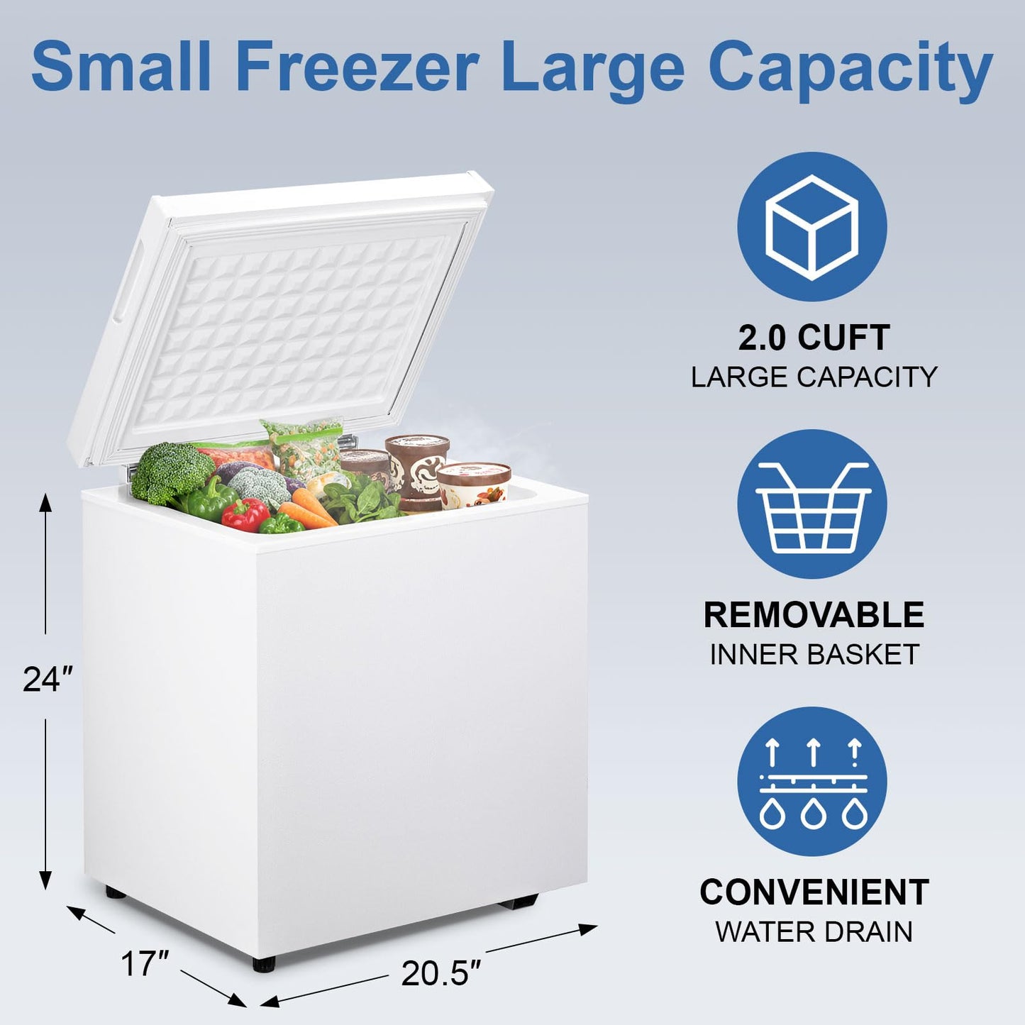 DollarDash 2.0 Cu.Ft Chest Freezer with 7 Temperature Settings, Quiet Compact Deep Freezer with Removable Basket, Mini Freestanding Freezer for Apartment, Kitchen, RV, Office, Restaurant