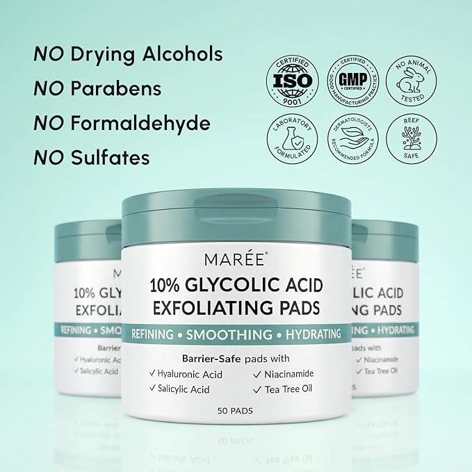 MAREE Glycolic Acid Resurfacing Pads - Toner Pads for Face Cleansing - Exfoliating Pad with Tea Tree Oil, Salicylic Acid & Vitamins E, B3, B5 - Acne Treatment Device for Pore Resurfacing - 50 Count