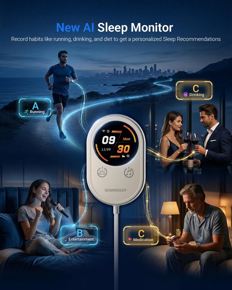 SOMNDEEP Contactless Health Monitor, Bedside Heart Rate & Breathing Monitor, Millimeter-Wave Radar, Precise Data, Medication Tracking, APP Sharing for Seniors or Patients with Chronic Diseases at Home