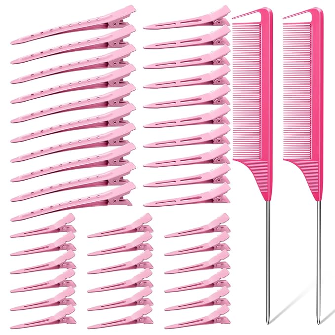MORGLES 70Pcs No Crease Hair Roller Clips, 3 Sizes Metal Alligator Styling Clips for Sectioning, Professional Hair Styling Tools with 2Pcs Rose Pink Rat Tail Combs for Parting
